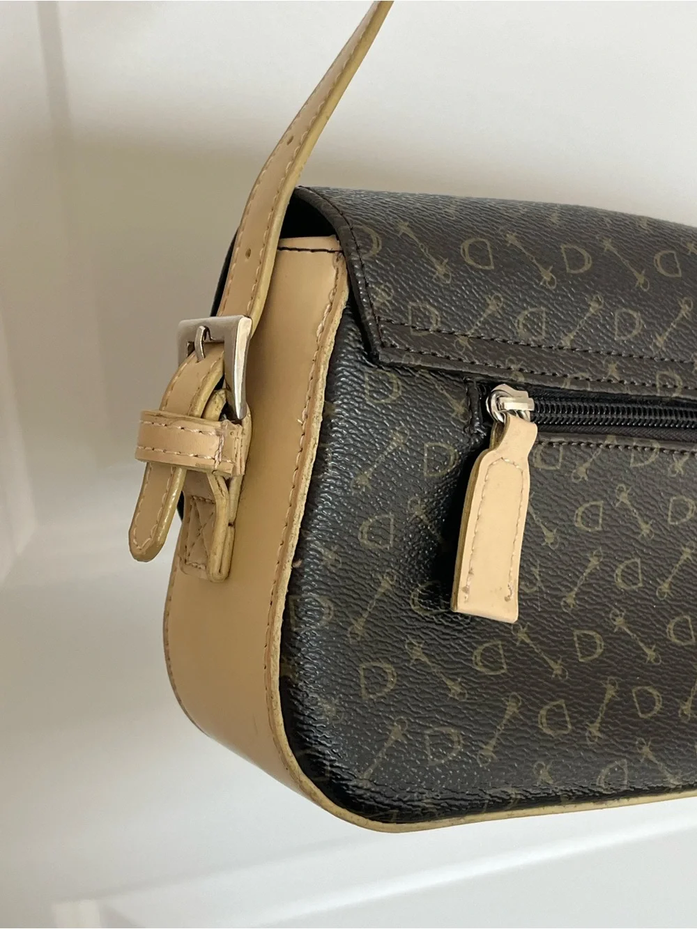 Brown Patterned Shoulder Bag with Tan Strap
